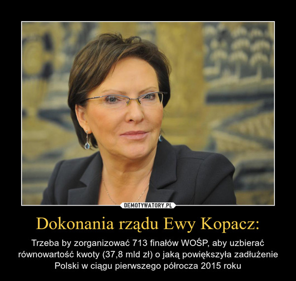 Dokonania rządu Ewy Kopacz: – Trzeba by zorganizować 713 finałów WOŚP, aby uzbierać równowartość kwoty (37,8 mld zł) o jaką powiększyła zadłużenie Polski w ciągu pierwszego półrocza 2015 roku 