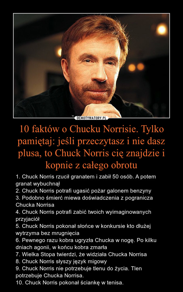 10 faktów o Chucku Norrisie. Tylko pamiętaj: jeśli przeczytasz i nie dasz plusa, to Chuck Norris cię znajdzie i kopnie z całego obrotu
