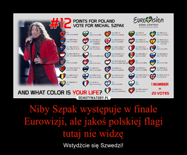 Niby Szpak występuje w finale Eurowizji, ale jakoś polskiej flagi
tutaj nie widzę