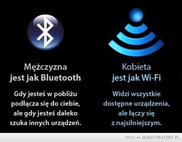 Kiedy... –  Mężczyzna jest jak Bluetooth Gdy jesteś w pobliżu podłącza się do ciebie, ale gdy jesteś daleko szuka innych urządzeń. Kobieta jest jak Wi-Fi Widzi wszystkie dostępne urządzenia, ale łączy się z najsilniejszym. 
