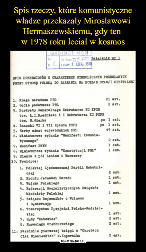 Spis rzeczy, które komunistyczne władze przekazały Mirosławowi Hermaszewskiemu, gdy ten 
w 1978 roku leciał w kosmos