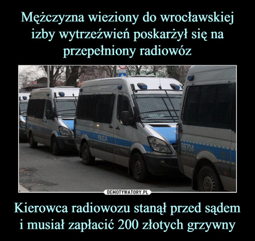 Mężczyzna wieziony do wrocławskiej izby wytrzeźwień poskarżył się na przepełniony radiowóz Kierowca radiowozu stanął przed sądem i musiał zapłacić 200 złotych grzywny