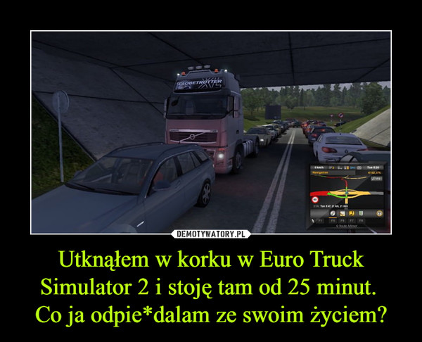Utknąłem w korku w Euro Truck Simulator 2 i stoję tam od 25 minut. 
Co ja odpie*dalam ze swoim życiem?