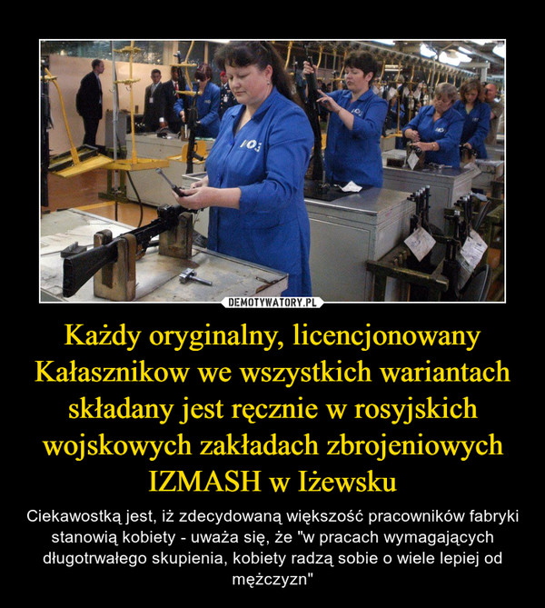 Każdy oryginalny, licencjonowany Kałasznikow we wszystkich wariantach składany jest ręcznie w rosyjskich wojskowych zakładach zbrojeniowych IZMASH w Iżewsku