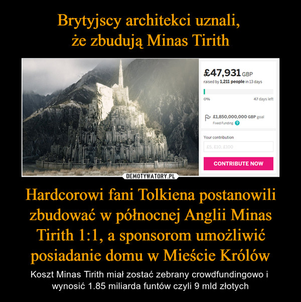 Hardcorowi fani Tolkiena postanowili zbudować w północnej Anglii Minas Tirith 1:1, a sponsorom umożliwić posiadanie domu w Mieście Królów – Koszt Minas Tirith miał zostać zebrany crowdfundingowo i wynosić 1.85 miliarda funtów czyli 9 mld złotych 