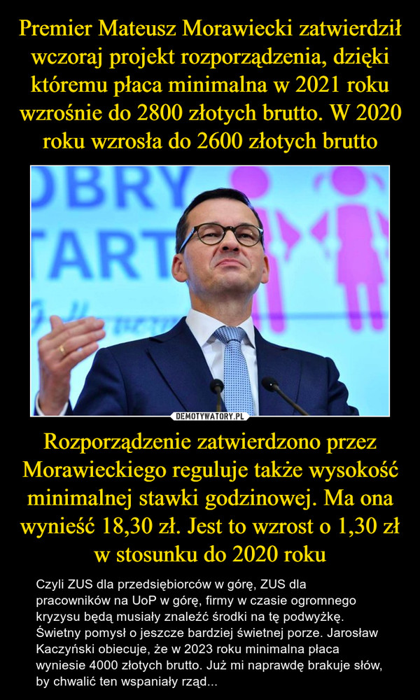 Premier Mateusz Morawiecki zatwierdził wczoraj projekt rozporządzenia, dzięki któremu płaca minimalna w 2021 roku wzrośnie do 2800 złotych brutto. W 2020 roku wzrosła do 2600 złotych brutto Rozporządzenie zatwierdzono przez Morawieckiego reguluje także wysokość minimalnej stawki godzinowej. Ma ona wynieść 18,30 zł. Jest to wzrost o 1,30 zł w stosunku do 2020 roku