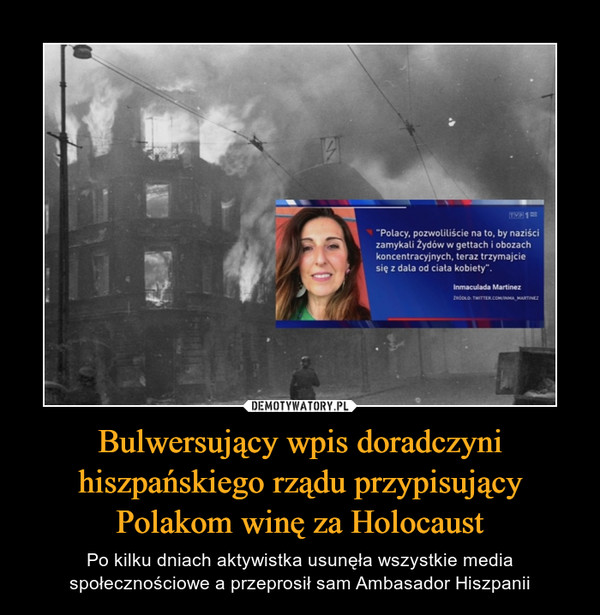 Bulwersujący wpis doradczyni hiszpańskiego rządu przypisujący Polakom winę za Holocaust