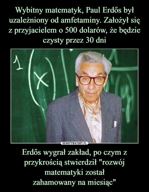 Wybitny matematyk, Paul Erdős był uzależniony od amfetaminy. Założył się z przyjacielem o 500 dolarów, że będzie czysty przez 30 dni Erdős wygrał zakład, po czym z przykrością stwierdził "rozwój matematyki został
zahamowany na miesiąc"