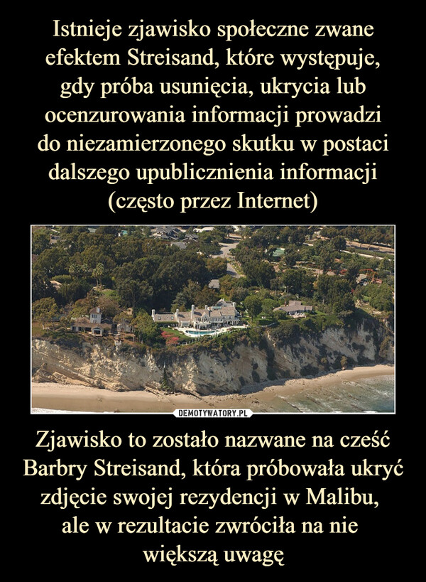 Zjawisko to zostało nazwane na cześć Barbry Streisand, która próbowała ukryć zdjęcie swojej rezydencji w Malibu, ale w rezultacie zwróciła na nie większą uwagę –  