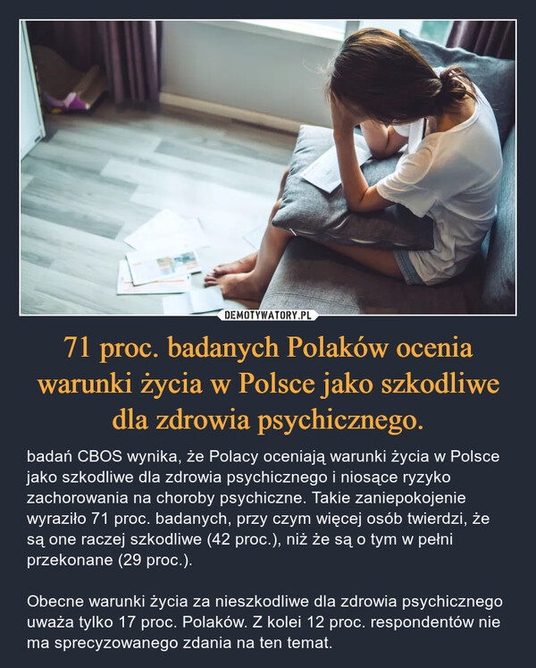 71 proc. badanych Polaków ocenia warunki życia w Polsce jako szkodliwe dla zdrowia psychicznego. – badań CBOS wynika, że Polacy oceniają warunki życia w Polsce jako szkodliwe dla zdrowia psychicznego i niosące ryzyko zachorowania na choroby psychiczne. Takie zaniepokojenie wyraziło 71 proc. badanych, przy czym więcej osób twierdzi, że są one raczej szkodliwe (42 proc.), niż że są o tym w pełni przekonane (29 proc.).Obecne warunki życia za nieszkodliwe dla zdrowia psychicznego uważa tylko 17 proc. Polaków. Z kolei 12 proc. respondentów nie ma sprecyzowanego zdania na ten temat. 