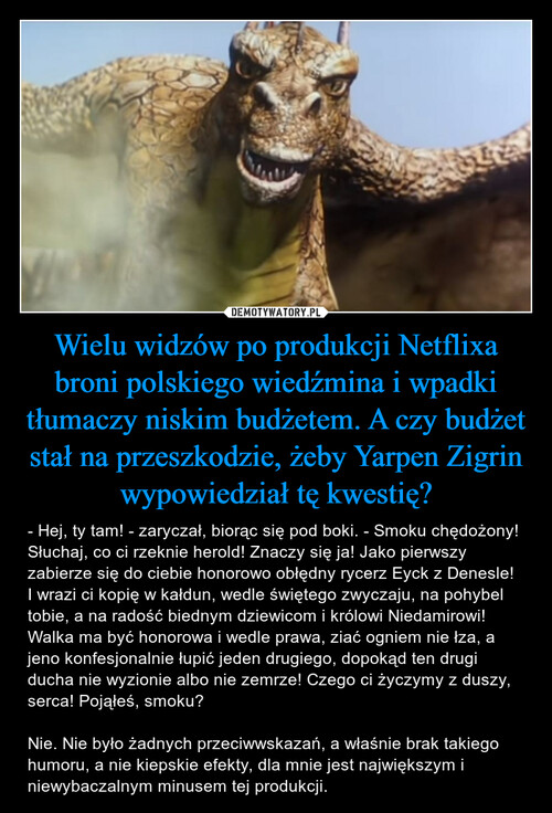 Wielu widzów po produkcji Netflixa broni polskiego wiedźmina i wpadki tłumaczy niskim budżetem. A czy budżet stał na przeszkodzie, żeby Yarpen Zigrin wypowiedział tę kwestię?