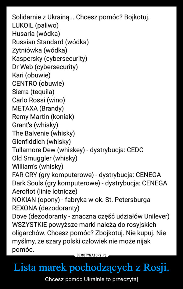 Lista marek pochodzących z Rosji. – Chcesz pomóc Ukrainie to przeczytaj 