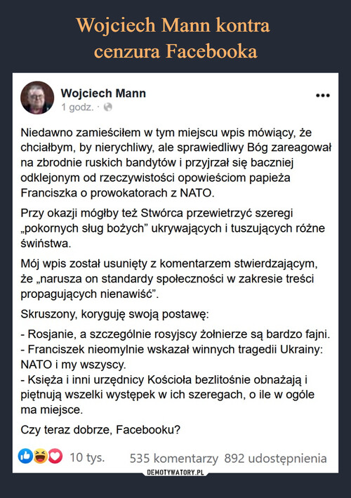 Wojciech Mann kontra 
cenzura Facebooka