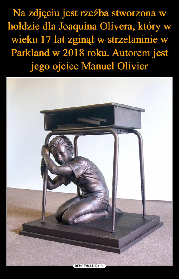 Na zdjęciu jest rzeźba stworzona w hołdzie dla Joaquina Olivera, który w wieku 17 lat zginął w strzelaninie w Parkland w 2018 roku. Autorem jest jego ojciec Manuel Olivier
