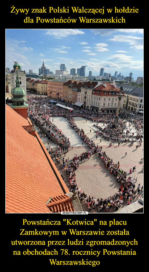Żywy znak Polski Walczącej w hołdzie dla Powstańców Warszawskich Powstańcza "Kotwica" na placu Zamkowym w Warszawie została utworzona przez ludzi zgromadzonych na obchodach 78. rocznicy Powstania Warszawskiego
