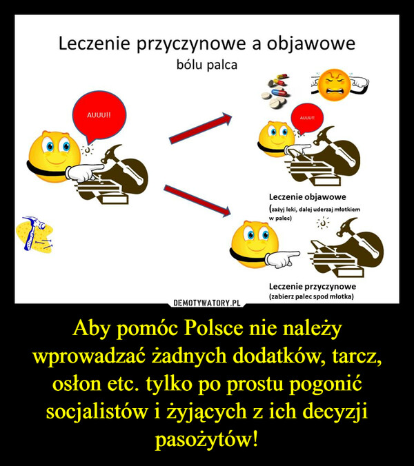 Aby pomóc Polsce nie należy wprowadzać żadnych dodatków, tarcz, osłon etc. tylko po prostu pogonić socjalistów i żyjących z ich decyzji pasożytów! –  Leczenie przyczynowe a objawowe