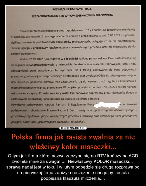 Polska firma jak rasista zwalnia za nie właściwy kolor maseczki...