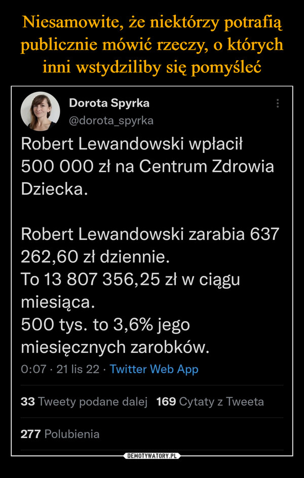  –  Robert Lewandowski wpłacił500 000 zł na Centrum ZdrowiaDziecka.Robert Lewandowski zarabia 637262,60 zł dziennie.To 13 807 356,25 zł ciągumiesiąca.