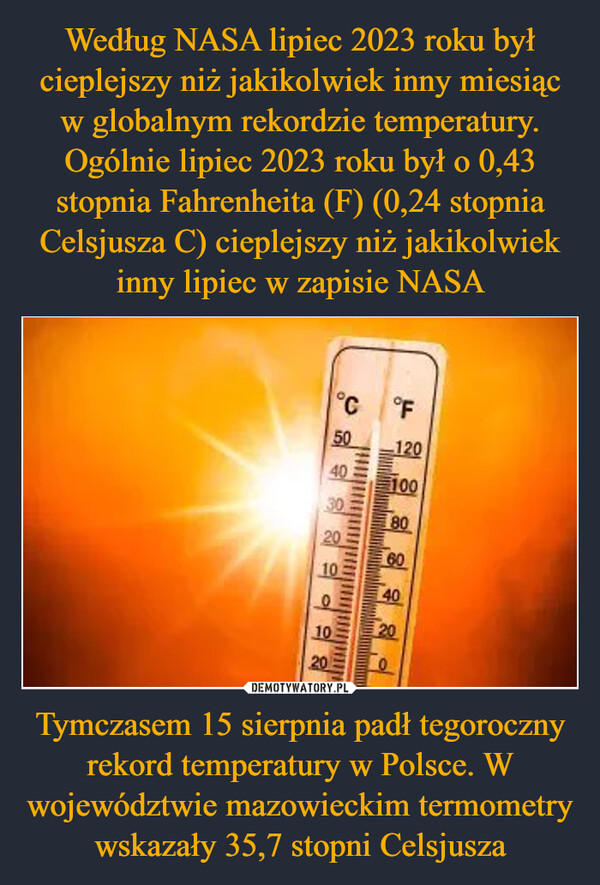 Tymczasem 15 sierpnia padł tegoroczny rekord temperatury w Polsce. W województwie mazowieckim termometry wskazały 35,7 stopni Celsjusza –  50C40308의어의20102010°F120100806004020