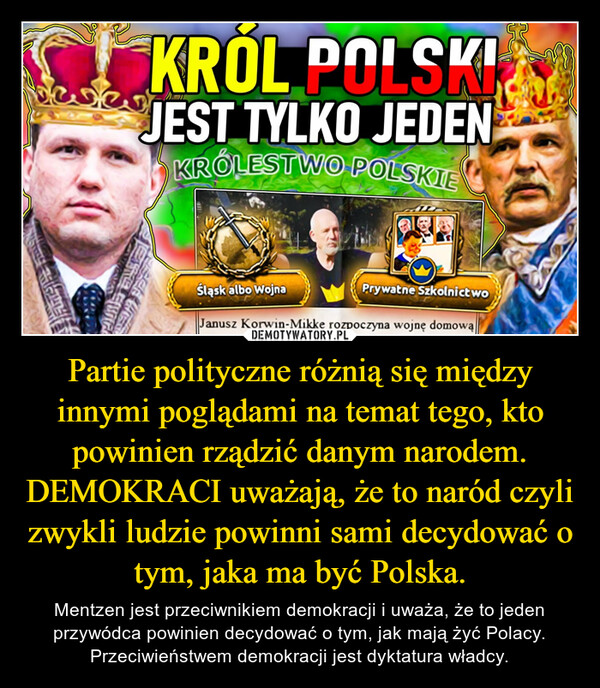 Partie polityczne różnią się między innymi poglądami na temat tego, kto powinien rządzić danym narodem. DEMOKRACI uważają, że to naród czyli zwykli ludzie powinni sami decydować o tym, jaka ma być Polska.