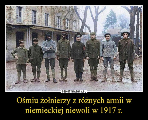 Ośmiu żołnierzy z różnych armii w niemieckiej niewoli w 1917 r.