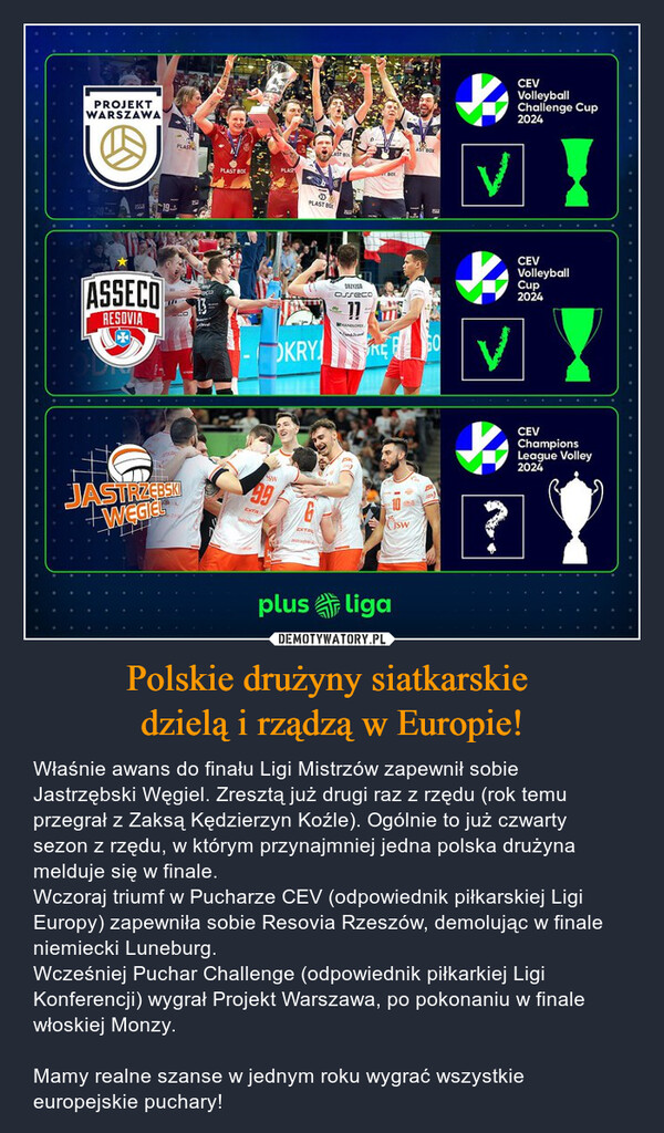 Polskie drużyny siatkarskie 
dzielą i rządzą w Europie!
