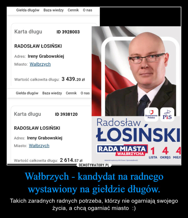 Wałbrzych - kandydat na radnego wystawiony na giełdzie długów.