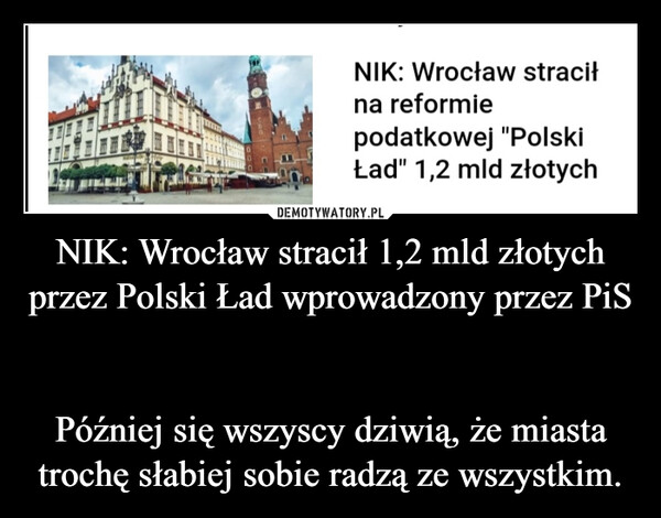 NIK: Wrocław stracił 1,2 mld złotych przez Polski Ład wprowadzony przez PiS Później się wszyscy dziwią, że miasta trochę słabiej sobie radzą ze wszystkim. –  NIK: Wrocław straciłna reformiepodatkowej "PolskiŁad" 1,2 mld złotych